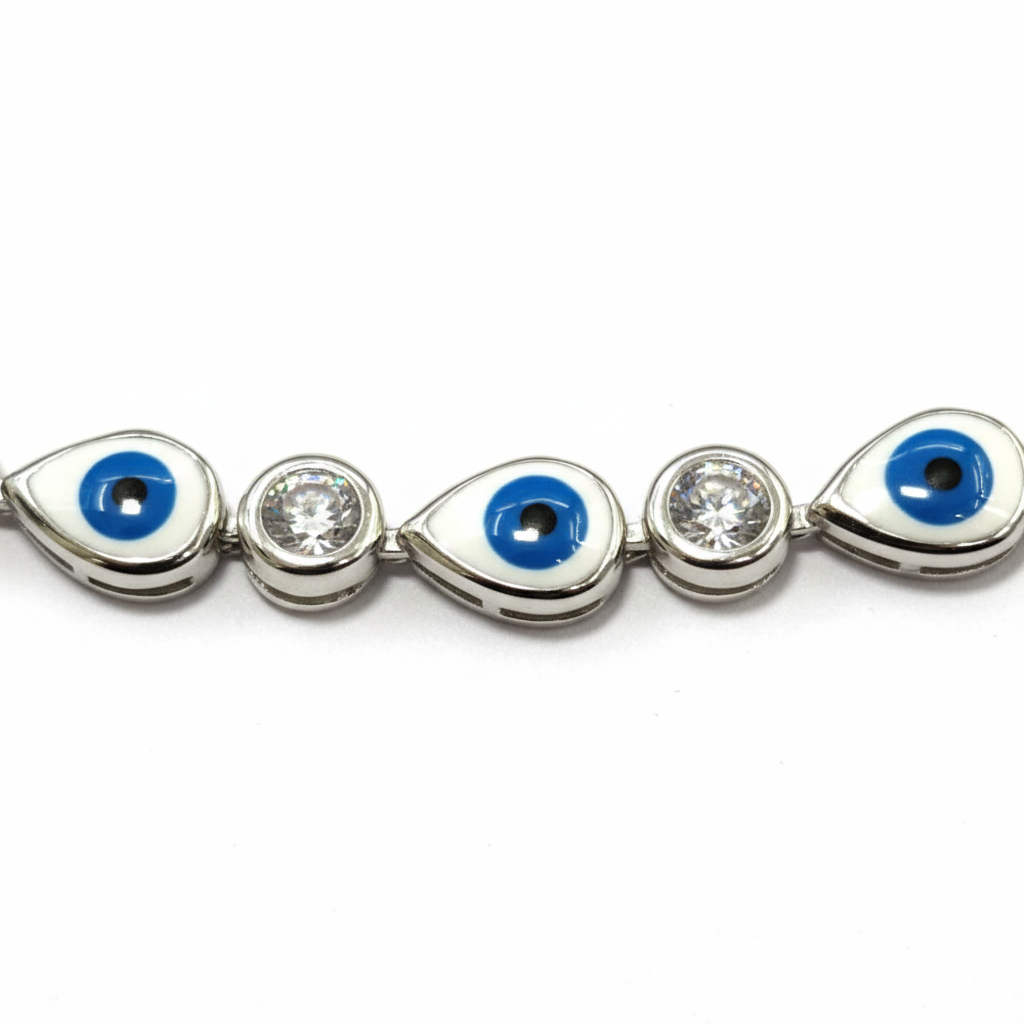 Bracelet with blue eye and clear gemstone beads on a white background