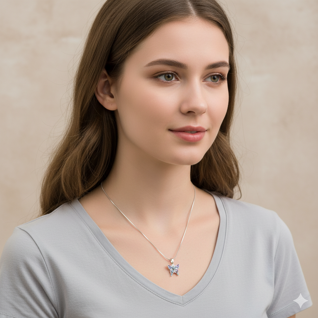 Woman wearing a necklace with a heart-shaped pendant against a beige background