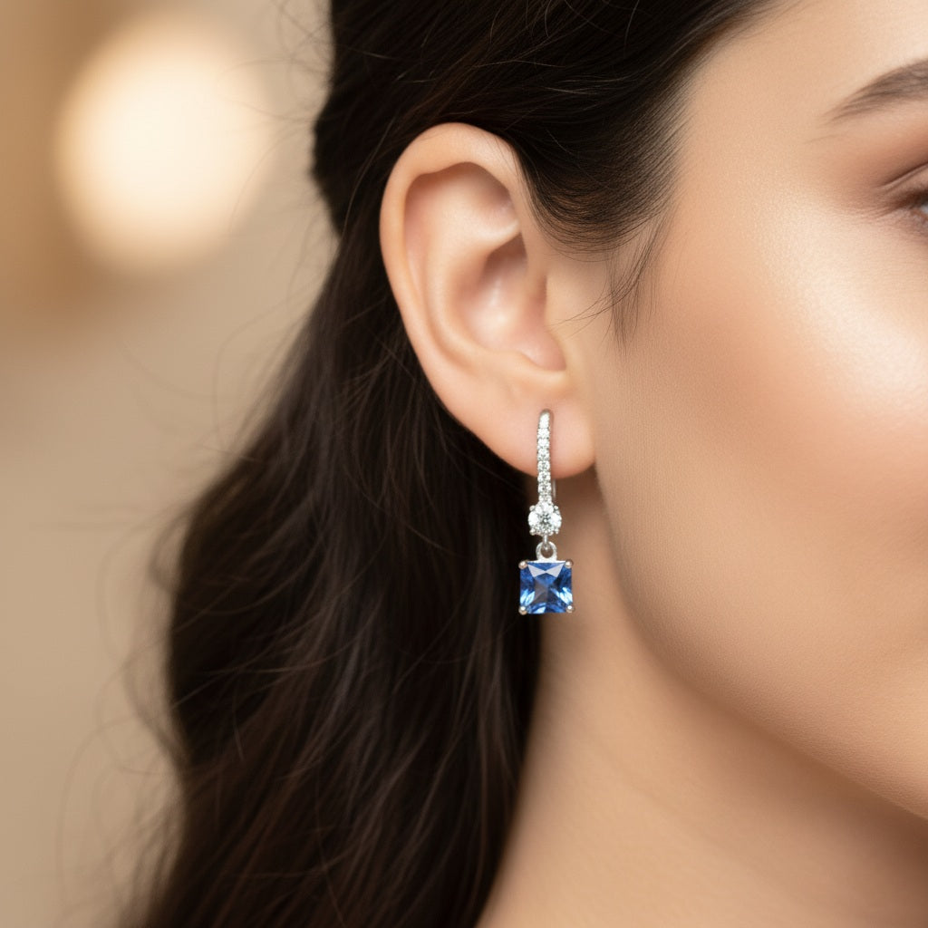 Drop Dangel Earring with white, ocean blue & ruby colour stones