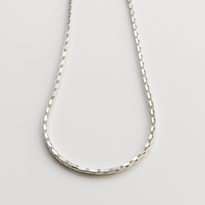 Silver necklace on a light gray background