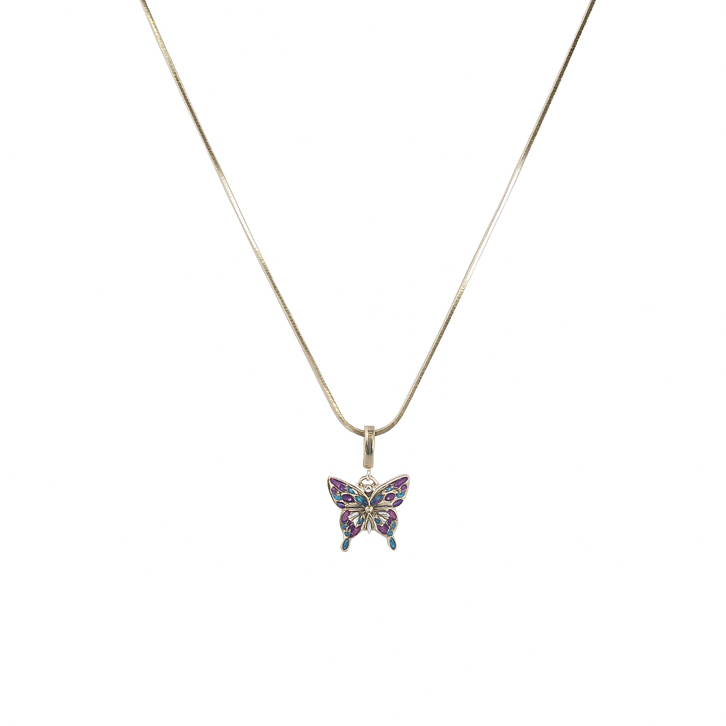 Butterfly pendant necklace on a thin chain against a white background