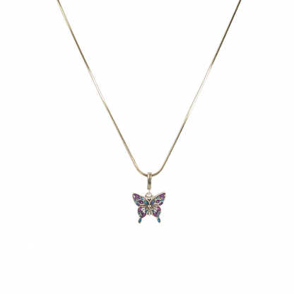 Butterfly pendant necklace on a thin chain against a white background