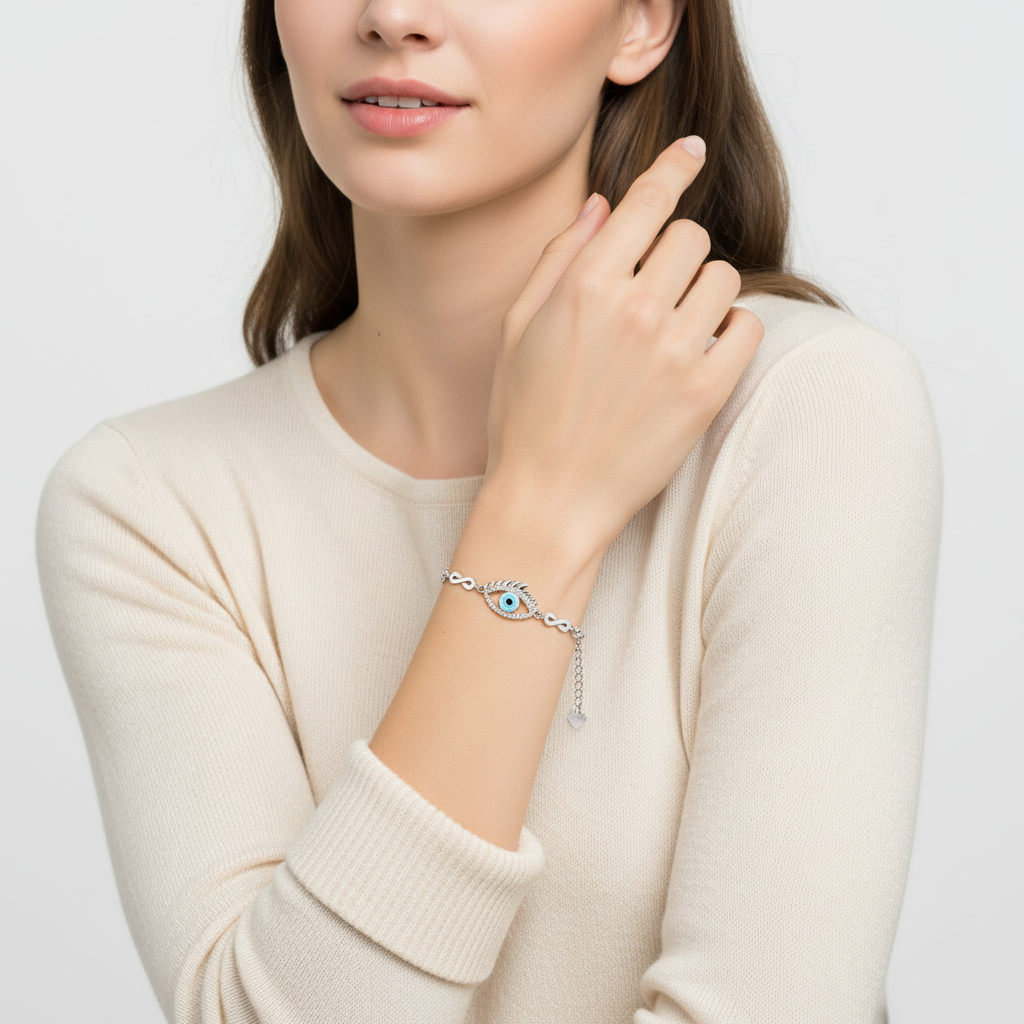Woman wearing a silver bracelet with an eye design on a plain background