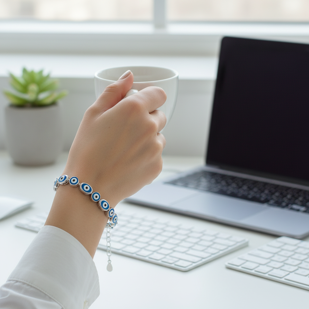 Bracelet with blue and white eye-shaped beads on a white background