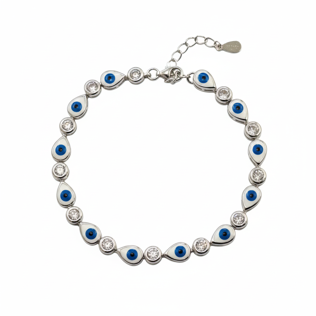 Bracelet with eye-shaped charms on a white background