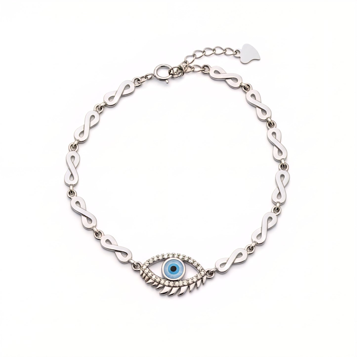 Silver bracelet with eye design on a white background