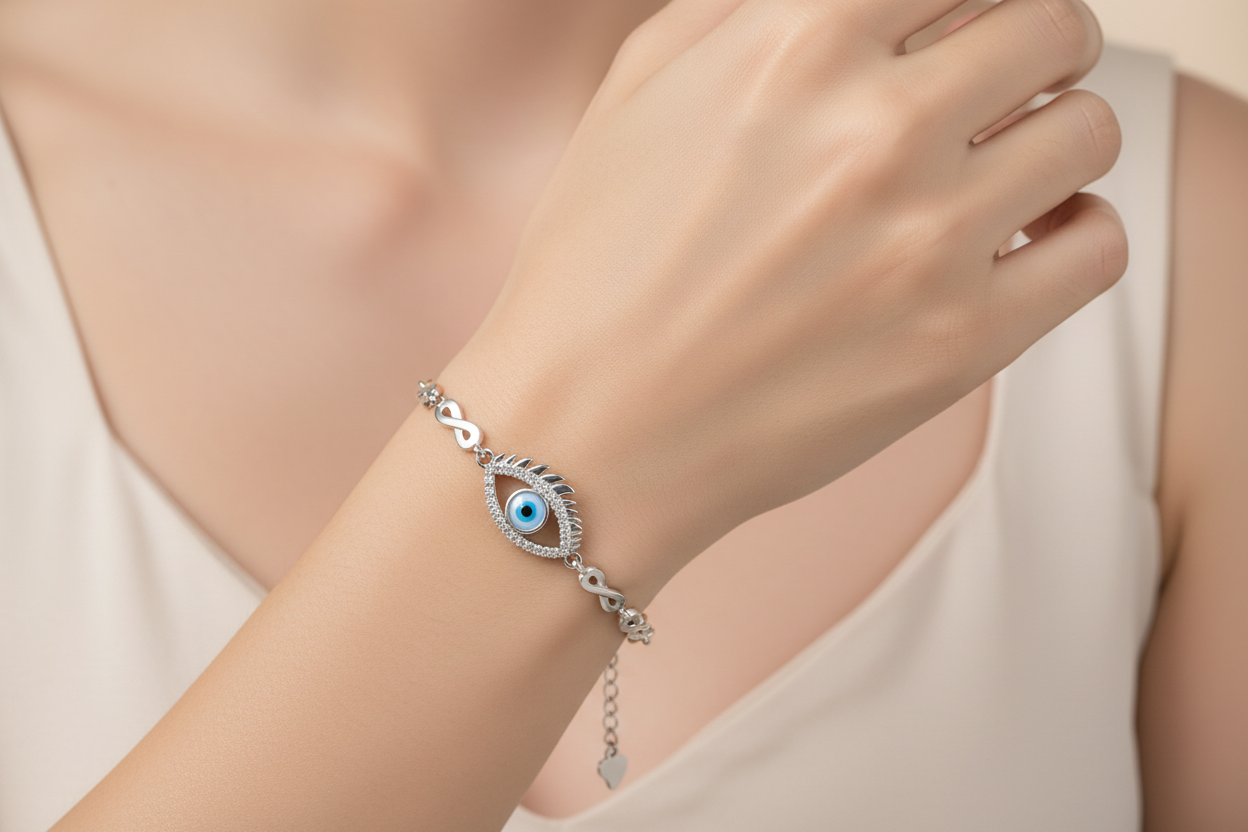 Silver bracelet with eye design on a wrist against a neutral background