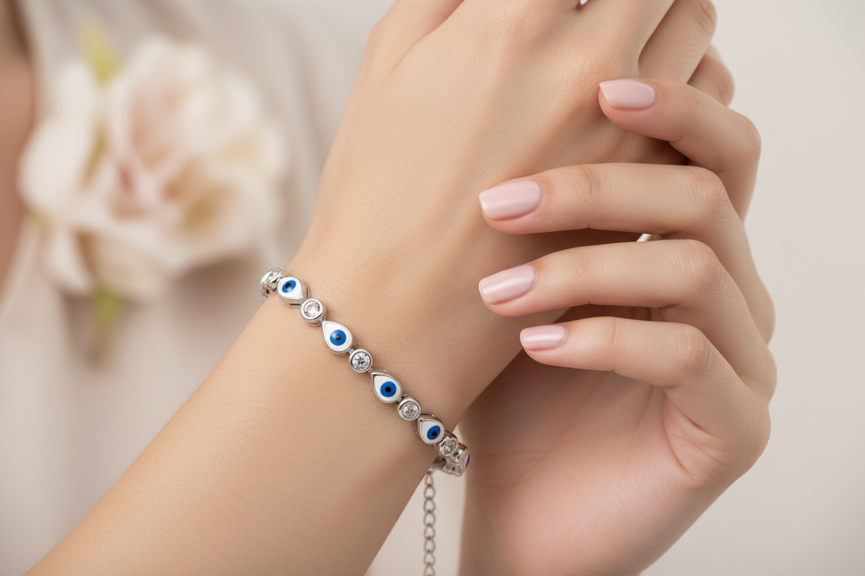 Close-up of a hand wearing a silver bracelet with blue and green beads.