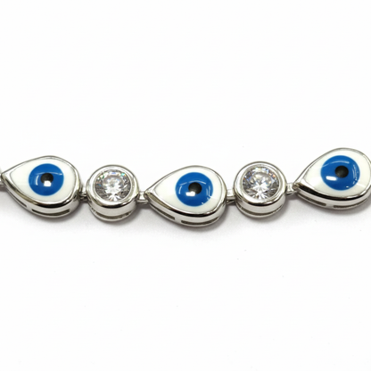Bracelet with blue eye and clear gemstone beads on a white background